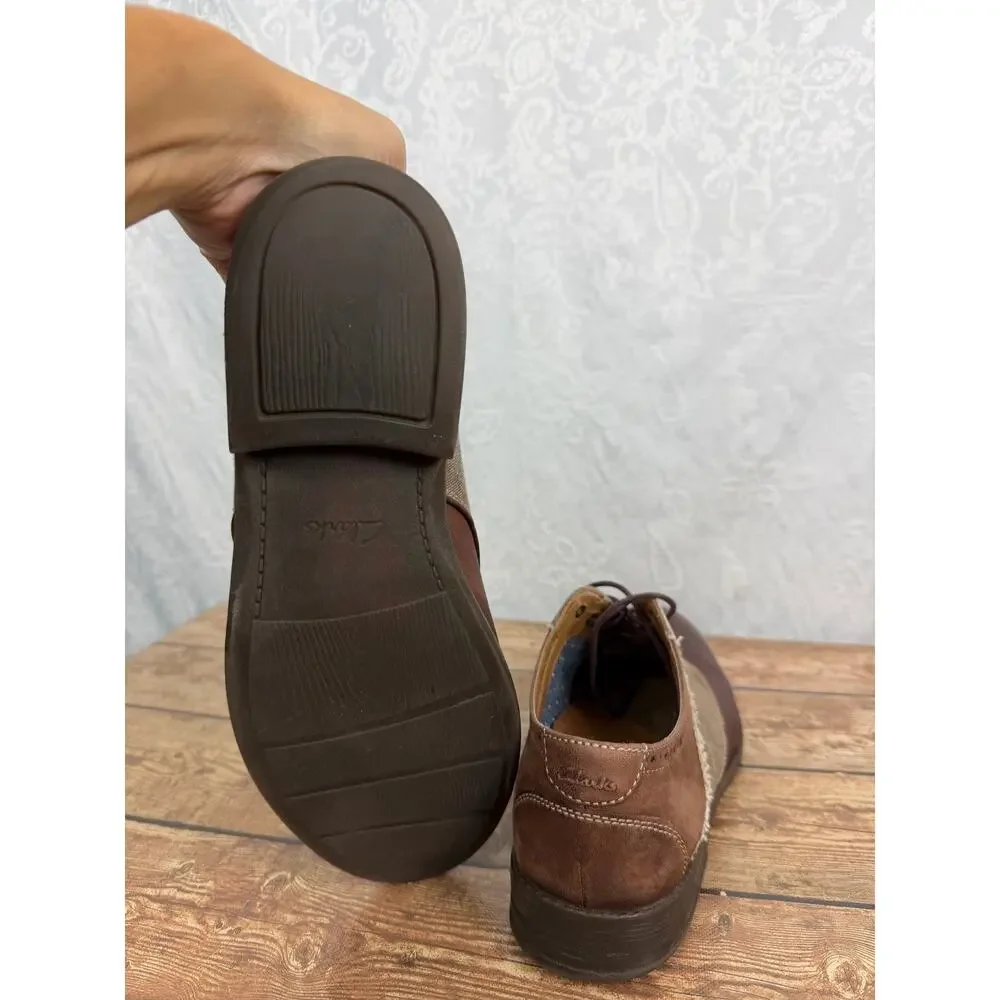Clarks Men's Brown Leather Oxford Shoes Lace Up Canvas Contrast Size 10.5